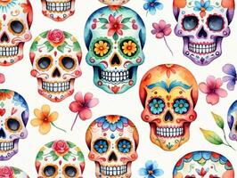 Watercolor Skulls And Flowers Seamless Pattern. AI Generated photo