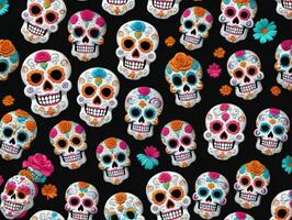 A Large Group Of Skulls With Colorful Skulls On Them. AI Generated photo