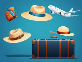 Travel Icons Set With Suitcase And Hat. AI Generated photo