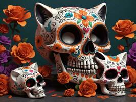 A Cat Skull With Flowers And Roses. AI Generated photo