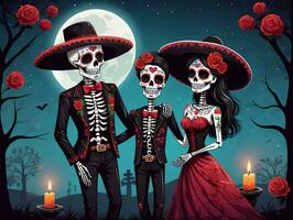 A Couple In Mexican Costumes With A Full Moon In The Background. AI Generated photo