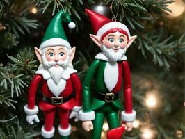 Two Christmas Elves Hanging On A Tree. AI Generated photo