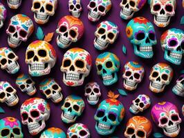 Colorful Skulls On Purple Background. AI Generated photo