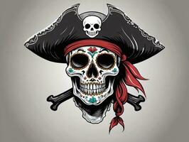 un cráneo con un pirata sombrero y un banda. ai generado foto