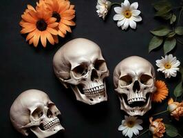 Three Skulls And Flowers On A Black Background. AI Generated photo