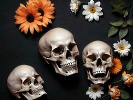 Tres calaveras y flores en un negro antecedentes. ai generado foto