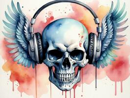 A Skull With Headphones And Wings. AI Generated photo