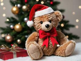 Teddy Bear With Santa Hat. AI Generated photo