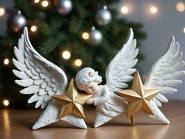 Two Angel Figuris With Gold Stars On A Wooden Table. AI Generated photo