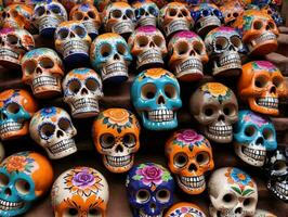 un pila de vistoso calaveras ai generado foto