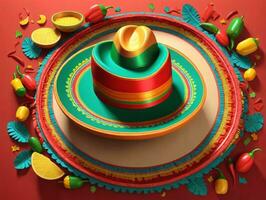 A Colorful Hat On A Plate With Fruit And Leaves. AI Generated photo