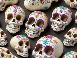 un manojo de calaveras con vistoso flores en a ellos. ai generado foto