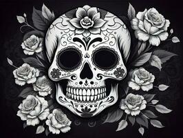 A Skull With Roses And Roses On A Black Background. AI Generated photo