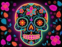 A Colorful Skull With Flowers And Leaves. AI Generated photo