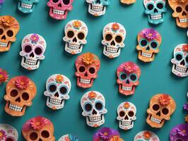 Colorful Sugar Skulls On A Blue Background. AI Generated photo