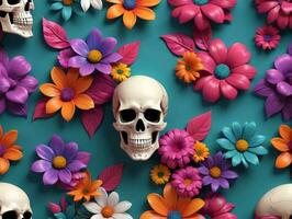 A Skull Surrounded By Flowers. AI Generated photo