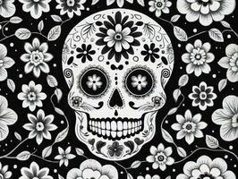 A Sugar Skull Surrounded By Flowers And Butterflies. AI Generated photo