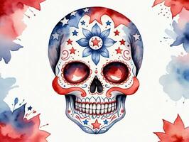 A Watercolor Skull With Stars And A Red White And Blue Skull. AI Generated photo