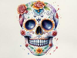 A Watercolor Skull With Flowers And Butterflies. AI Generated photo