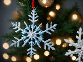 A Snowflake Orname Is Hanging On A Christmas Tree. AI Generated photo