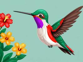 A Humming Hummingbird Flying Over Flowers. AI Generated photo