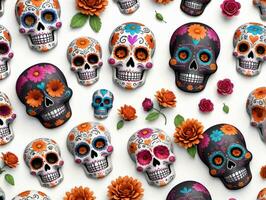 Colorful Sugar Skulls With Flowers. AI Generated photo