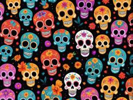 Colorful Skulls And Flowers Seamless Pattern Vector. AI Generated photo