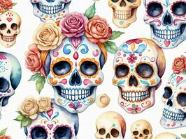 Watercolor Skulls And Roses Seamless Pattern. AI Generated photo