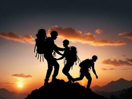 Silhouette Of Two Climbers Helping Each Other Climber To Climb. AI Generated photo