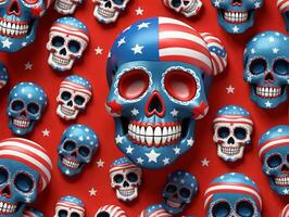 A Bunch Of Skulls With The American Flag. AI Generated photo