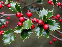 Holly With Red Berries. AI Generated photo