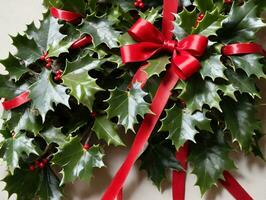 A Bunch Of Holly With Red Bows And Holly Leaves. AI Generated photo