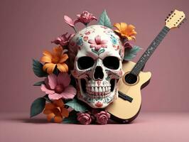 un cráneo con flores y guitarra. ai generado foto