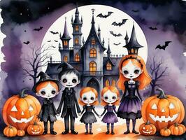 Halloween Background With Cute Cartoon Characters. AI Generated photo