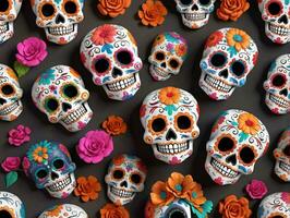 Colorful Skulls With Flowers. AI Generated photo