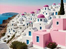 A Pink And White Village On The Greek Island Of Santo. AI Generated photo