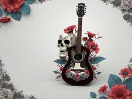 un guitarra con un cráneo en eso rodeado por flores ai generado foto