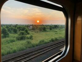 un ver de un puesta de sol desde un tren ventana. ai generado foto