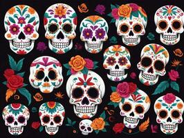 A Bunch Of Skulls With Colorful Flowers. AI Generated photo