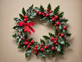 A Christmas Wreath With Holly And Red Berries. AI Generated photo