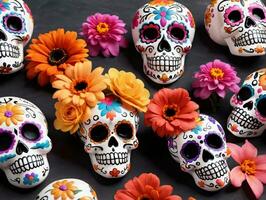 A Bunch Of Colorful Skulls With Flowers. AI Generated photo