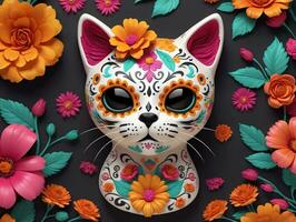 A Cat With Flowers And Leaves On A Black Background. AI Generated photo