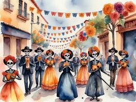 Watercolor Painting Of A Day Of The Dead Celebration. AI Generated photo