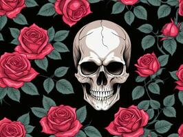 Skull And Roses Seamless Background Vector. AI Generated photo
