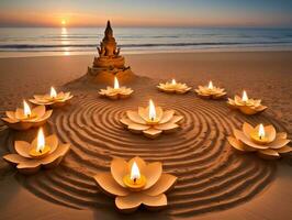 A Group Of Candles On A Beach With A Buddha Statue In The Background. AI Generated photo