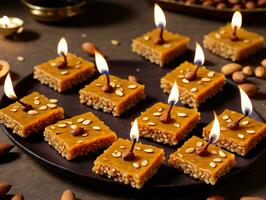A Plate Of Chocolate And Nuts With A Lit Candle. AI Generated photo