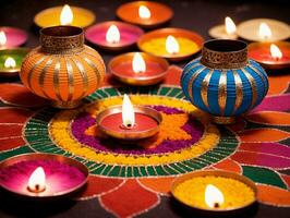 A Group Of Colorful Candles On A Table. AI Generated photo