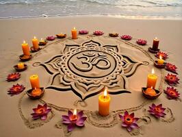 un arena mandala con velas y flores en el playa. ai generado foto