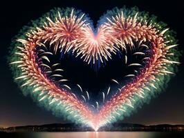Fireworks Heart In The Night Sky. AI Generated photo
