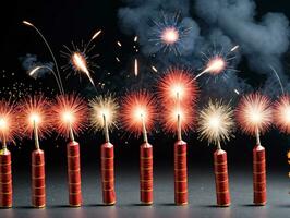 rojo y oro fuegos artificiales con fumar viniendo afuera. ai generado foto